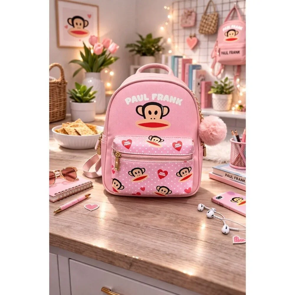 New Paul Frank Julius Monkey Mini Backpack Pink Polka Dot Y2K Kidcore Pom Pom